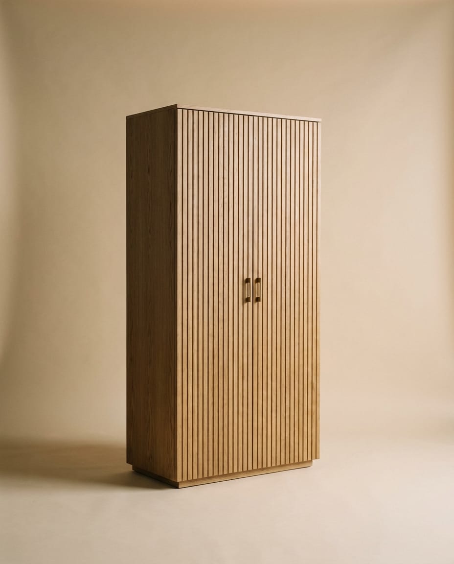 Zweitüriger Kleiderschrank aus Eiche mit senkrechter Lamellenfront