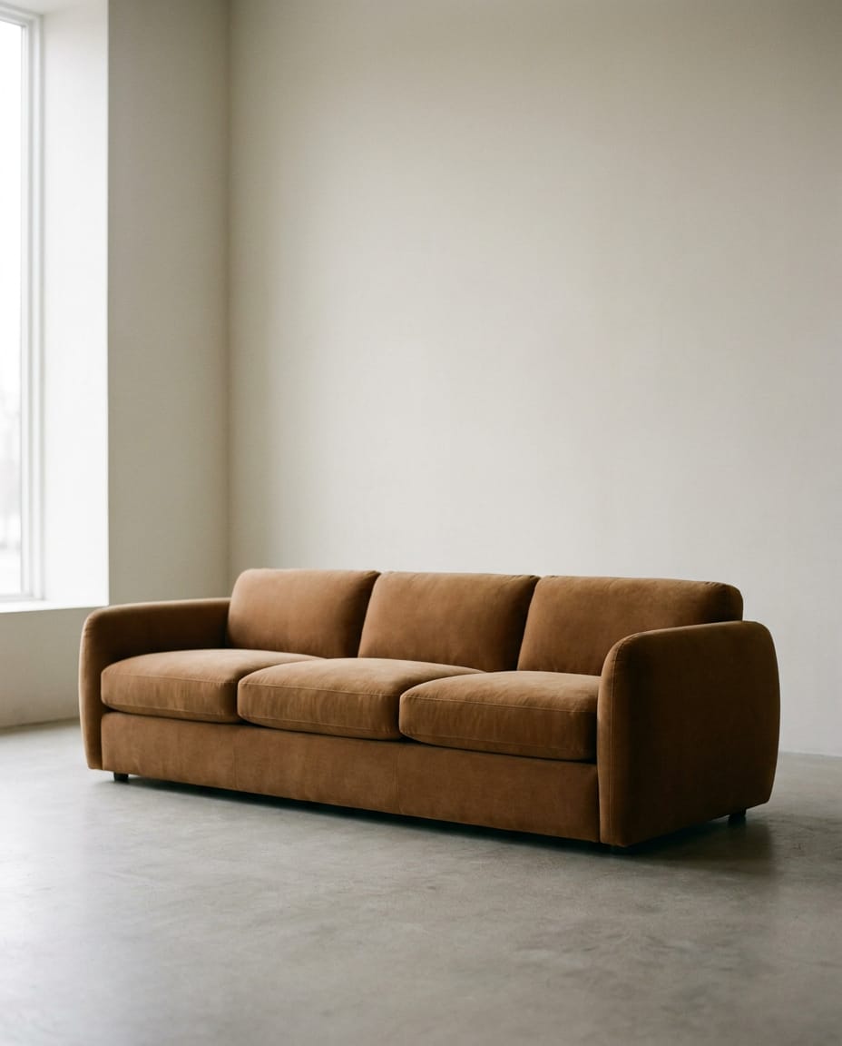 Dreisitzer-Sofa mit cognacfarbenem Samtbezug in einem hellen, leeren Raum